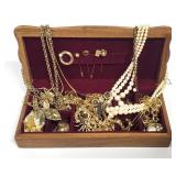 Misc Gold Tone Costume Jewelry & Wood Box