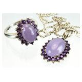 Sterling Silver Jade, Amethyst Necklace, Ring Set