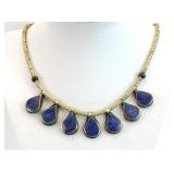 17" Brass, Wood Beaded Lapis Gem Stone Necklace