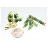 2)  Vtg Gold Tone Jade Floral Brooch