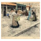 Tavik F. Simon "Parisian Flower Vendors" Etching