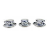 (3) Royal Copenhagen Blue Fluted Cups & Saucers