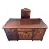 Chinese Hand Carved Wood Desk & Chair