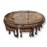 Chinese Hand Carved Wood Coffee Table w/ Glass Top