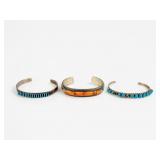 (3) Navajo & Zuni Silver & Precious Stone Cuffs...