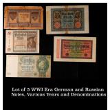 Lot of 5 WWI Era German and Russian Notes, Various