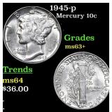 1945-p Mercury Dime 10c Grades Select+ Unc