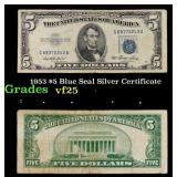 1953 $5 Blue Seal Silver Certificate Grades vf+