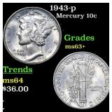 1943-p Mercury Dime 10c Grades Select+ Unc