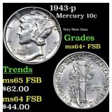 1943-p Mercury Dime 10c Grades Choice Unc+ FSB