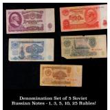 Denomination Set of 5 Soviet Russian Notes - 1, 3,