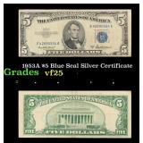 1953A $5 Blue Seal Silver Certificate Grades vf+