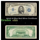 1934A $5 Blue Seal Silver Certificate Grades vf+