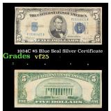 1934C $5 Blue Seal Silver Certificate Grades vf+