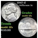 1947-d Jefferson Nickel 5c Grades GEM+ 5fs