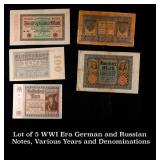 Lot of 5 WWI Era German and Russian Notes, Various