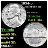 1954-p Jefferson Nickel 5c Grades Choice Unc+ 5fs