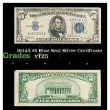 1934A $5 Blue Seal Silver Certificate Grades vf+