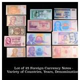 Lot of 25 Foreign Currency Notes - Variety of Coun