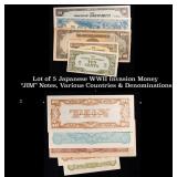 Lot of 5 Japanese WWII Invasion Money "JIM" Notes,