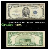 1953 $5 Blue Seal Silver Certificate Grades vf+