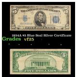 1934A $5 Blue Seal Silver Certificate Grades vf+