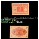 1920 Germany (Weimar) 2 Marks Banknote P# 59 Grade