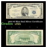 1953 $5 Blue Seal Silver Certificate Grades vf+