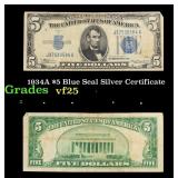 1934A $5 Blue Seal Silver Certificate Grades vf+