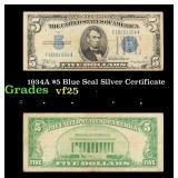 1934A $5 Blue Seal Silver Certificate Grades vf+