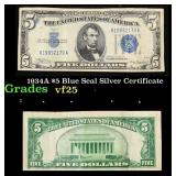 1934A $5 Blue Seal Silver Certificate Grades vf+