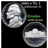 Proof 1981-s Ty 1 Jefferson Nickel 5c Grades GEM++