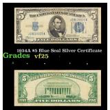 1934A $5 Blue Seal Silver Certificate Grades vf+