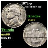 1974-p Jefferson Nickel 5c Grades GEM+ Unc