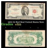 1953 $2 Red Seal United States Note Grades vf+
