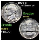 1974-p Jefferson Nickel 5c Grades GEM+ Unc