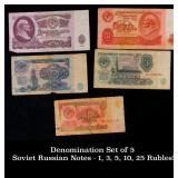 Denomination Set of 5 Soviet Russian Notes - 1, 3,