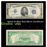 1934A $5 Blue Seal Silver Certificate Grades vf+
