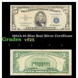 1953A $5 Blue Seal Silver Certificate Grades vf+