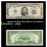 1934A $5 Blue Seal Silver Certificate Grades vf+