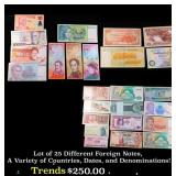 Lot of 25 Different Foreign Notes, A Variety of Co
