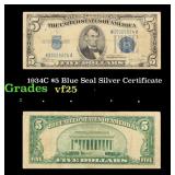 1934C $5 Blue Seal Silver Certificate Grades vf+