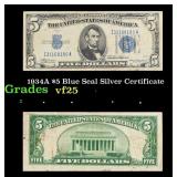1934A $5 Blue Seal Silver Certificate Grades vf+