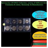 Superb Page of 8 US Coins 4x Kennedy Half Dollars,