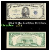 1953A $5 Blue Seal Silver Certificate Grades vf+