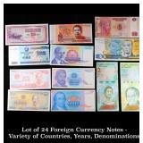 Lot of 24 Foreign Currency Notes - Variety of Coun