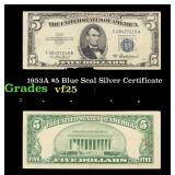 1953A $5 Blue Seal Silver Certificate Grades vf+