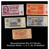 Denomination Set of 5 Soviet Russian Notes - 1, 3,