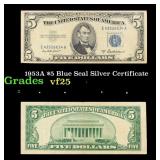 1953A $5 Blue Seal Silver Certificate Grades vf+