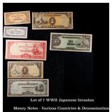 Lot of 7 WWII Japanese Invasion Money Notes - Vari